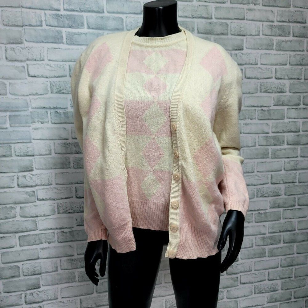 Vintage‎ Evan Picone Size M Pink Wool Angora Argyle Sweater Top & Cardigan SET